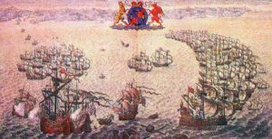 Contemporary illustration showing the Armada in crescent formation pursued down the Channel by the English Fleet of Lord Howard of Effingham: Spanish Armada June to September 1588: click here to buy an engraving from this picture