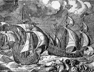 A Baltic Hulk or Urca like El Gran Grifin that sank on Fair Isle: print by Peter Brueghel: Spanish Armada June to September 1588