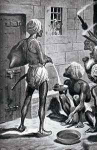 Bribed Indians providing water to the prisoners in the Black Hole: Battle of Plassey 23rd June 1757 in the Anglo-French Wars in India: picture by Richard Caton Woodville