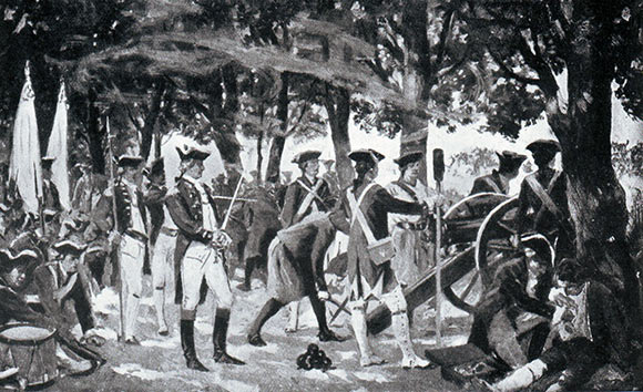 Clive's troops in the mango grove at the Battle of Plassey on 23rd June 1757 in the Anglo-French Wars in India