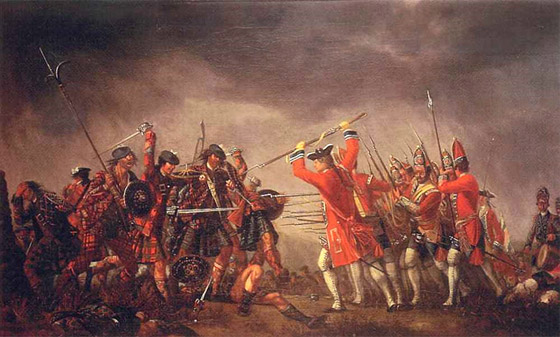 The Highland charge on Barrell's Regiment: Battle of Culloden 16th April 1746 in the Jacobite Rebellion: painted by Davind Morier using Highland prisoners as models