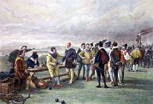 Drake playing bowls on Plymouth Ho as the arrival of the Spanish Armada in the Channel is announced: Spanish Armada June to September 1588: click here to buy this picture