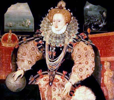‘Armada Portrait’ of Elizabeth I, Queen of England: the two rival fleets appear in the top left: Philip II of Spain planned to depose her, calling her the “Heretic Queen”: Spanish Armada June to September 1588: click here to buy this picture