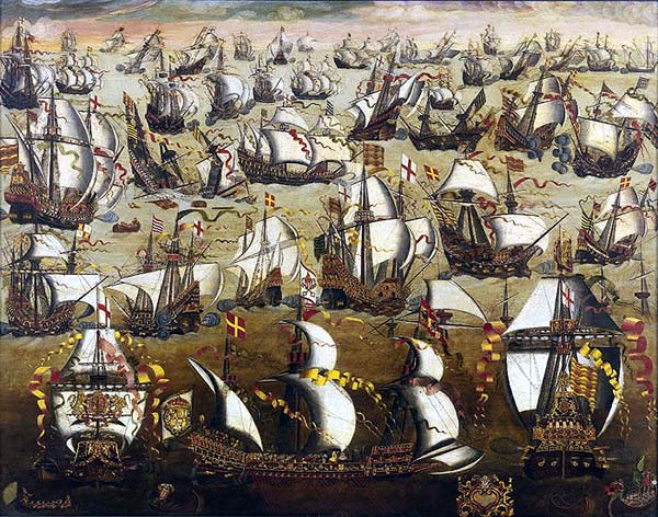 The English Fleet gives battle to the Spanish Armada: A Spanish galeas occupies the foreground, an English “race” galleon to her left and right. English ships carry the red cross of St George on a white background: Spanish Armada June to September 1588: click here to buy this picture