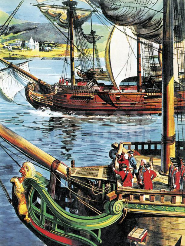 Clive sails up the Bay of Bengal to the Ganges River to recapture Calcutta: Battle of Plassey on 23rd June 1757 in the Anglo-French Wars in India: click here to buy this picture