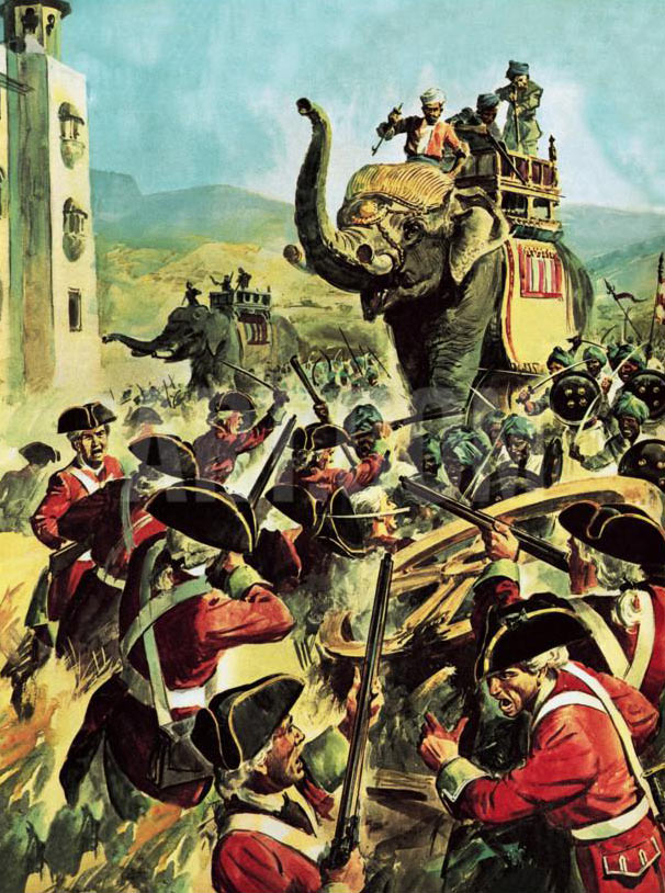 Elephants advancing on the gates of Arcot Fort: Siege of Arcot 31st August to 15th November 1751 in the War in India: click here to buy this picture