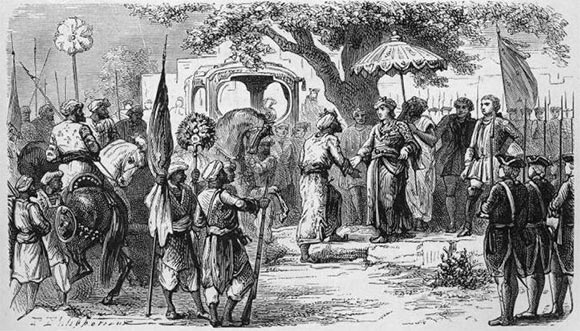French Governor Dupleix with French troops meeting an Indian Prince: Battle of Arni on 3rd December 1751 in the Anglo-French Wars in India (Second Carnatic War)