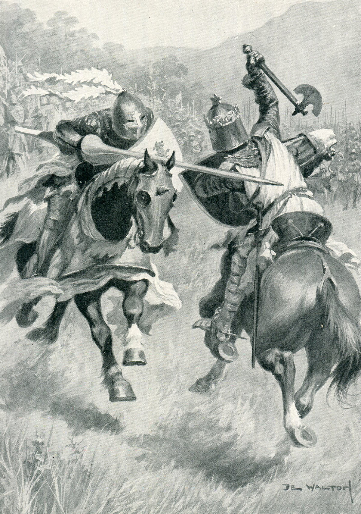 Robert de Bruce strikes and kills Sir Henry de Bohun with his axe in single combat before the Battle of Bannockburn on 23rd June 1314: picture by Ambrose de Walton: click here to buy this picture