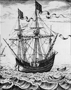 A merchant vessel commandeered for the Armada: print by Peter Brueghel: Spanish Armada June to September 1588