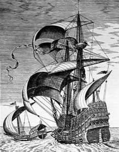 Merchant vessel commandeered for the Armada: print by Peter Brueghel: Spanish Armada June to September 1588