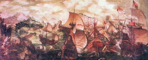 The action off Portland Bill: Queen Elizabeth can be seen watching from a white horse (allegorical: in fact she was in London): Spanish Armada June to September 1588