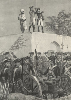 Clive watching Suraj ud Daulah's deployment from the roof of the hunting lodge: Battle of Plassey 23rd June 1757 in the Anglo-French Wars in India: picture by Richard Caton Woodville
