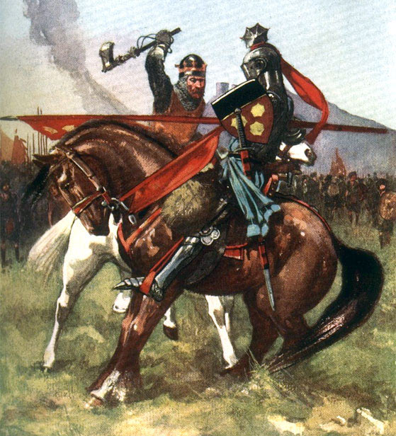 Robert de Bruce strikes and kills Sir Henry de Bohun with his axe in single combat before the Battle of Bannockburn on 23rd June 1314