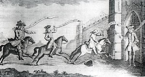 Contemporary print showing Sir John Cope arriving at Berwick to announce his defeat at Prestonpans: Battle of Prestonpans on 21st September 1745 in the Jacobite Rebellion