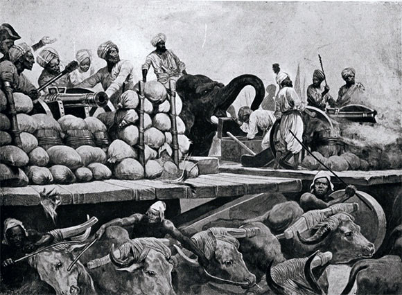Siraj-ud-Daulah’s guns on wooden trucks pulled by oxen and pushed by elephants at the Battle of Plassey 23rd June 1757 in the Anglo-French Wars in India: picture by Richard Caton Woodville: click here to buy this picture