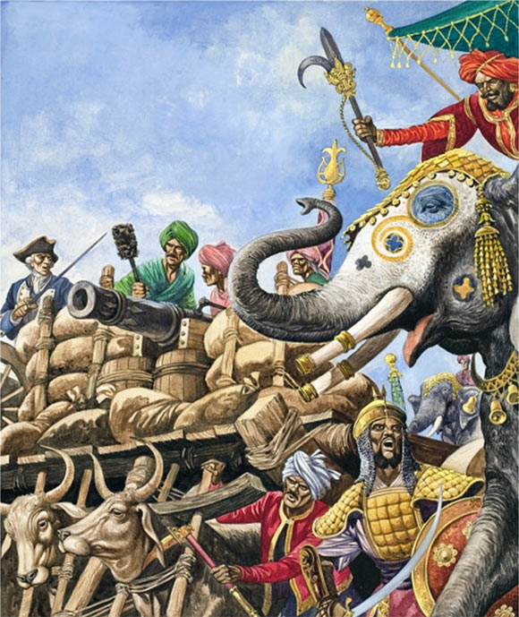 Suraj ud Daulah's guns advancing at the Battle of Plassey 23rd June 1757 in the Anglo-French Wars in India: picture by Cecil Doughty: click here to buy this picture