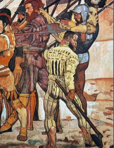 Swiss soldiers of the period carrying the 5 yard pike, that the French introduced into the Scots army for the invasion of England in 1513 and that proved so inappropriate at the Battle of Flodden on 9th September 1513