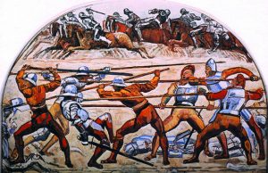 Swiss soldiers of the period carrying the 5 yard pike, that the French introduced into the Scots army for the invasion of England in 1513 and that proved so inappropriate at the Battle of Flodden on 9th September 1513