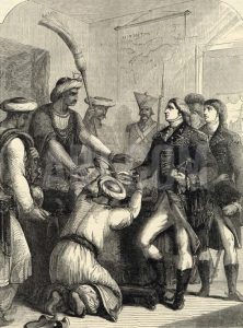 The Great Mogul gives Robert Clive dominion over Bengal Orissa and Bahar: Battle of Plassey on 23rd June 1757 in the Anglo-French Wars in India: click here to buy this picture