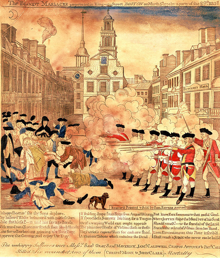 'Boston Massacre': British troops confront and fire on a crowd in Boston on 5th March 1770: American Revolutionary War