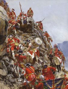 General Wolfe and his troops climbing the Heights of Abraham at the Battle of Quebec 13th September 1759 in the French and Indian War or the Seven Years War: picture by Richard Caton Woodville: click here to buy this picture