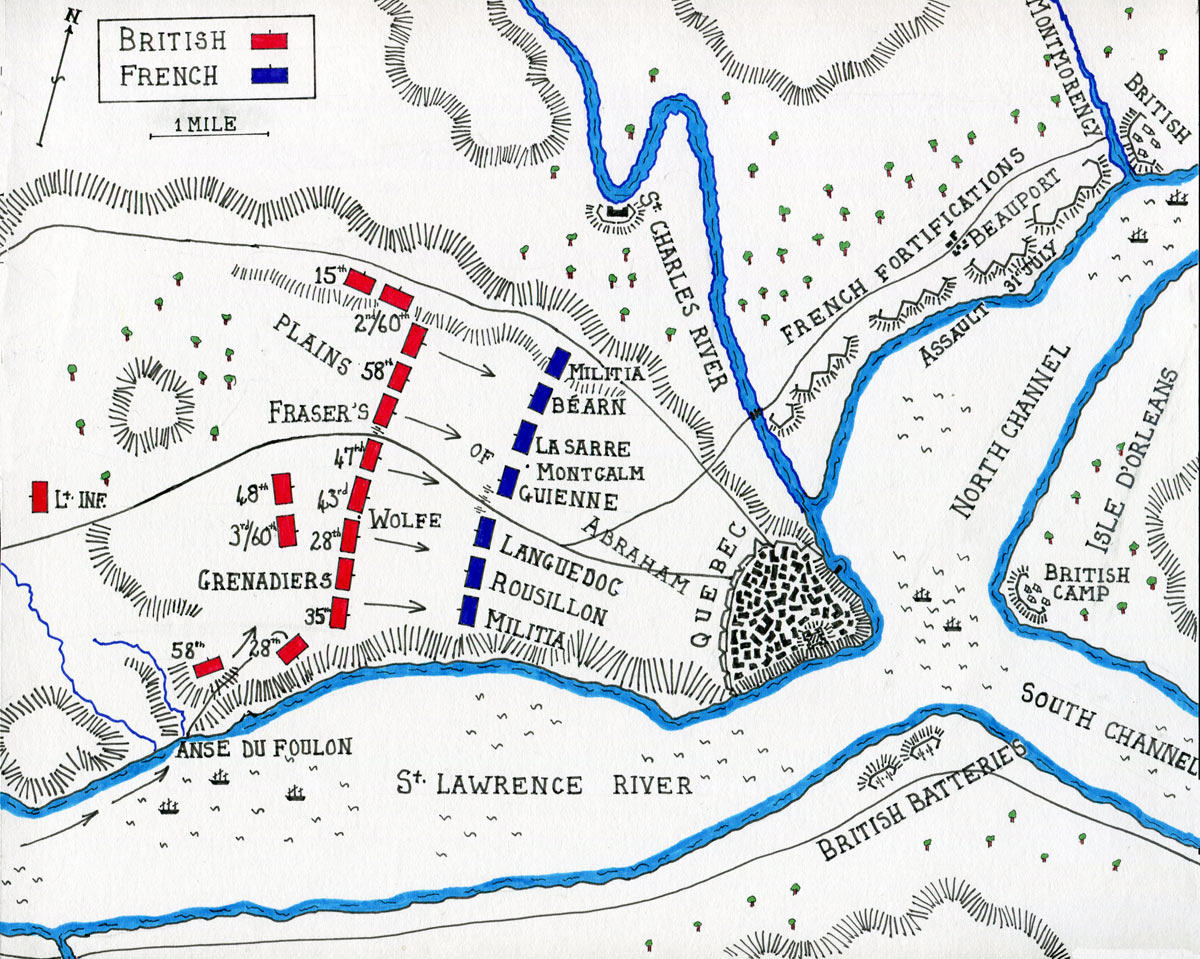 Map of the Battle of Quebec 13th September 1759 in the French and Indian War or the Seven Years War: map by John Fawkes