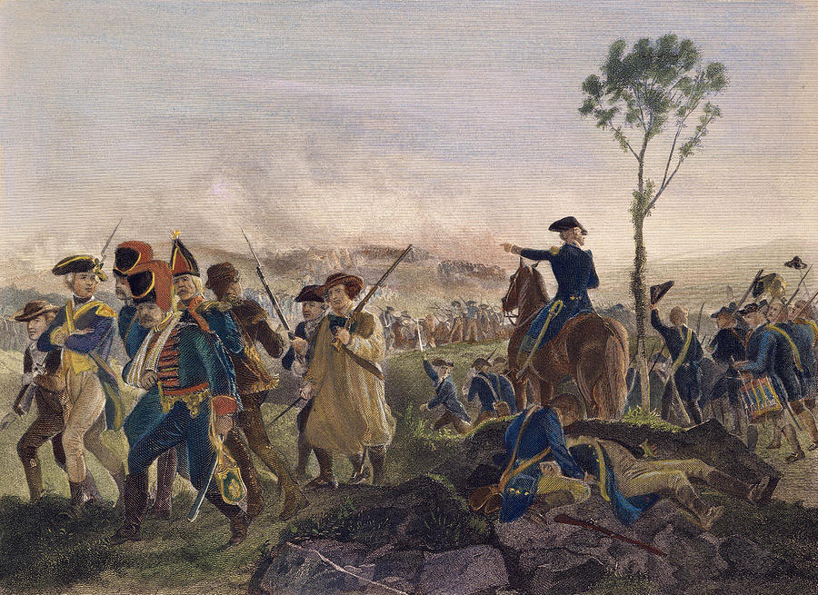 German prisoners pass the attacking American column at the Battle of Bennington on 16th August 1777 in the American Revolutionary War: picture by Charles Henry Granger