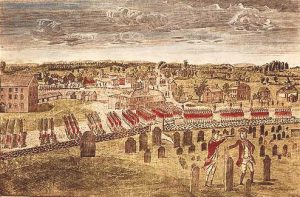 Attack on Concord: Battle of Concord and Lexington 19th April 1775 American Revolutionary War: picture by Amos Doolittle