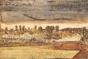 Fight on the North Bridge in Concord: Battle of Concord and Lexington 19th April 1775 American Revolutionary War: picture by Amos Doolittle