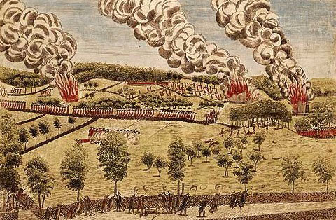 British retreat: Battle of Concord and Lexington 19th April 1775 American Revolutionary War: picture by Amos Doolittle