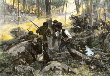 Battle of King's Mountain on 7th October 1780 in the American Revolutionary War: picture by Frederick Coffay Yohn: buy this picture in black and white