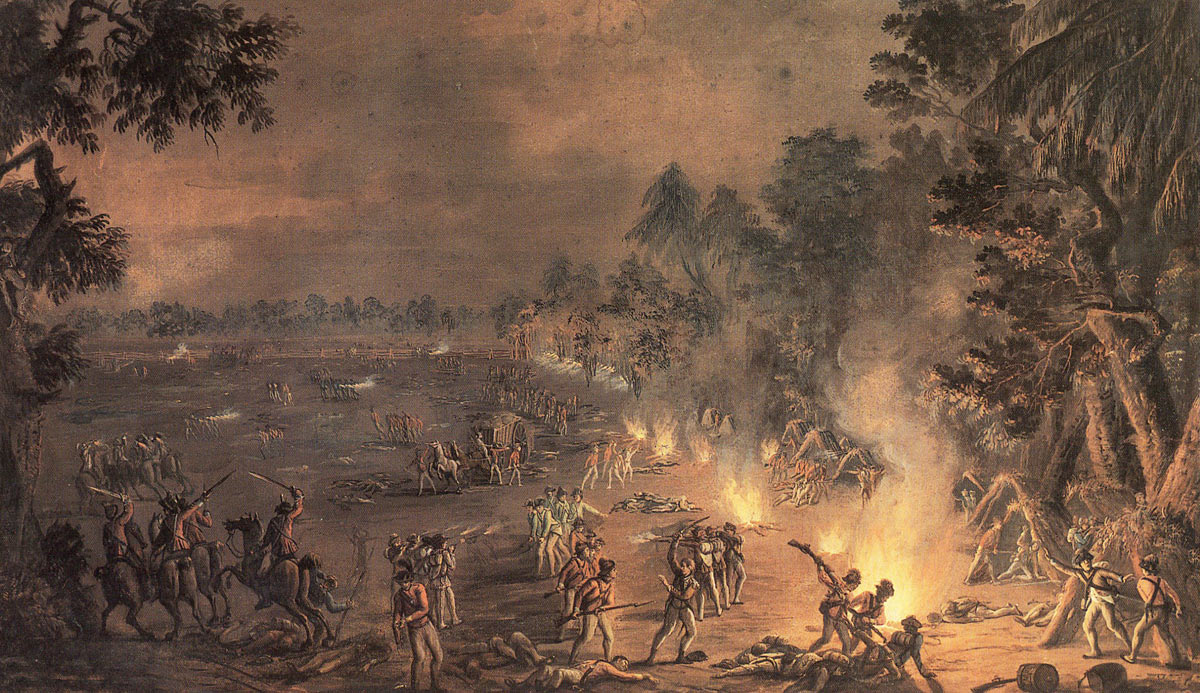British Light Infantry and Light Dragoons attacking the Pennsylvania camp: Battle of Paoli on 20th/21st September 1777 in the American Revolutionary War: picture by Xavier della Gatta in 1782