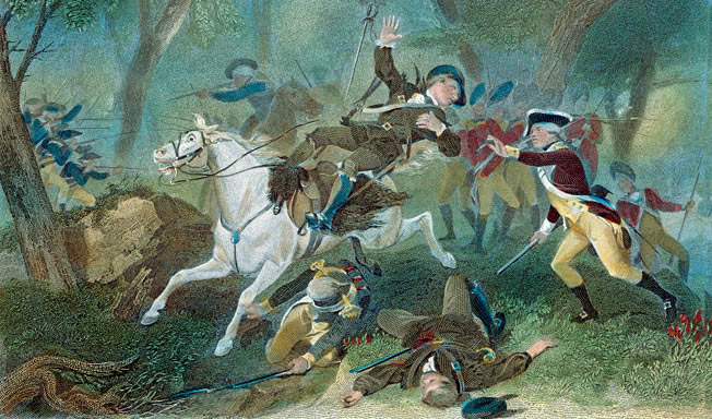 Major Patrick Ferguson falls shot at the Battle of King's Mountain on 7th October 1780 in the American Revolutionary War