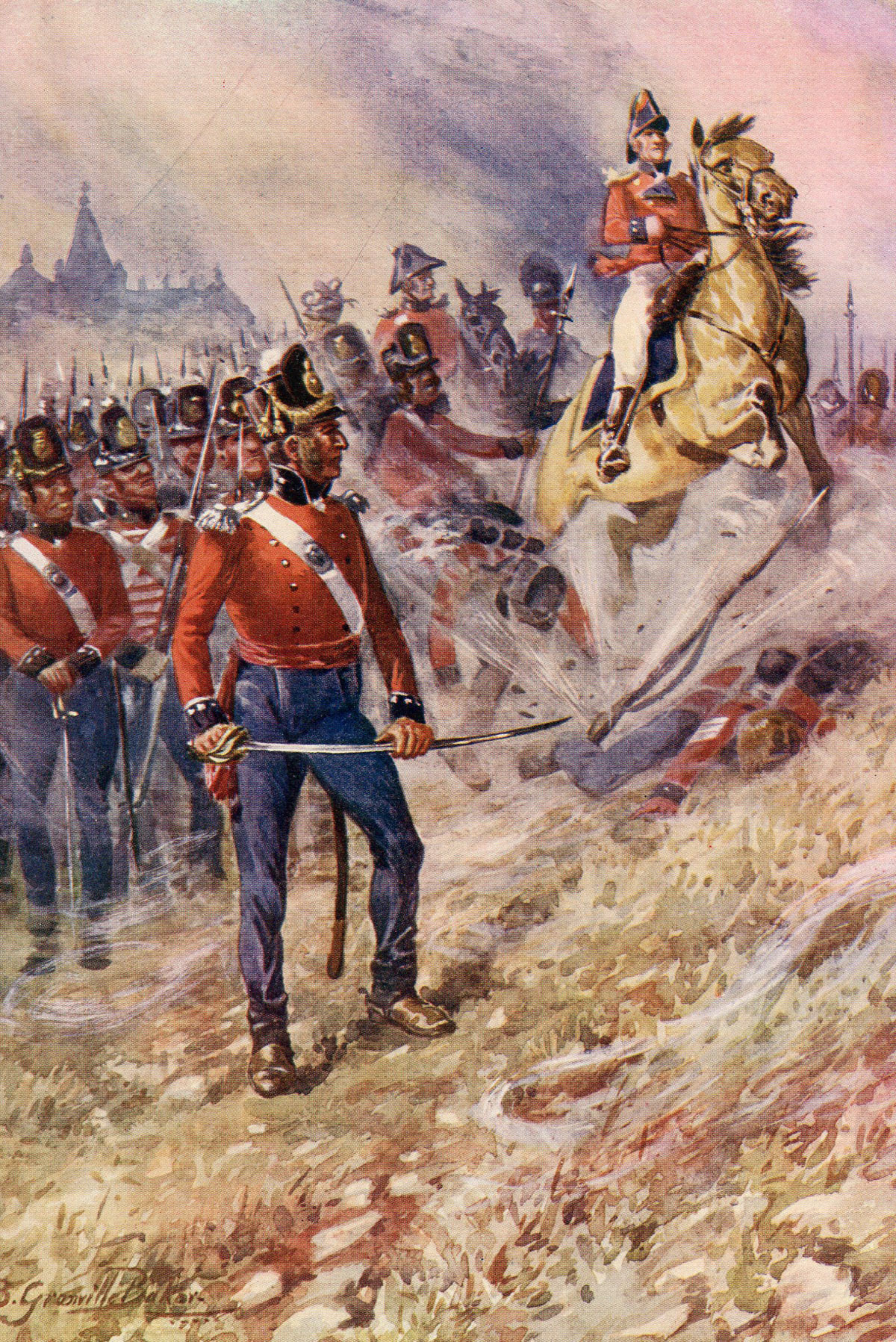 Sir John Moore and the British army at the Battle of Corunna on 16th January 1809 in the Peninsular War: picture by R. Granvill Baker