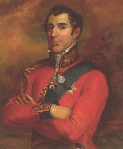 General Arthur Wellesley, later the Duke of Wellington, leading the British attack at the Battle of Assaye on 23rd September 1803 during the Second Mahratta War in India: picture by Robert Home: buy a picture of the Duke of Wellington
