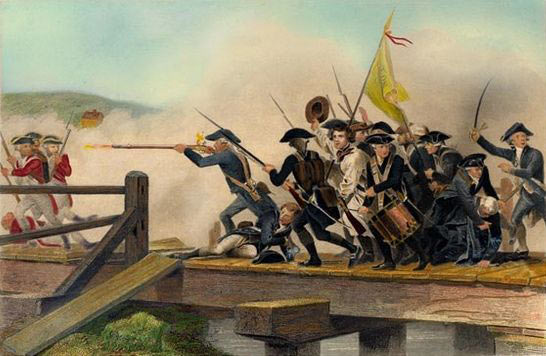 Fight for Concord Bridge: Battle of Concord and Lexington 19th April 1775 American Revolutionary War: picture by by Alonzo Chapell
