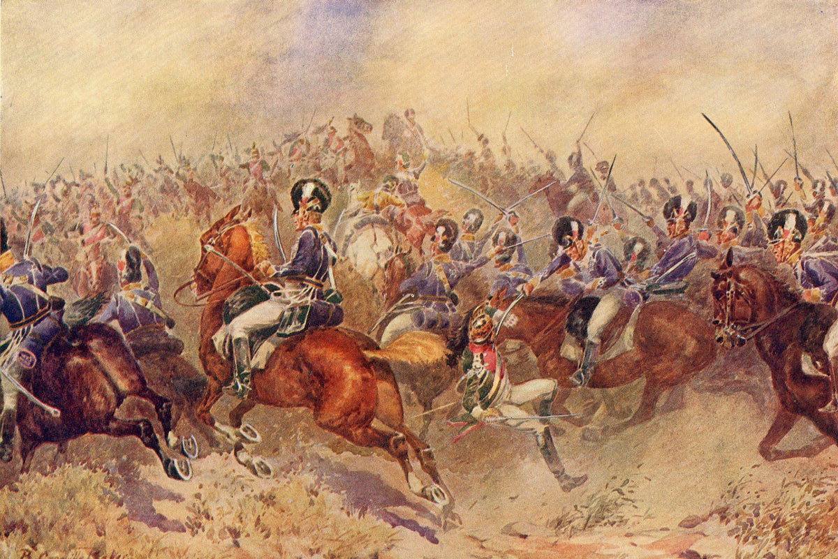 British 12th Light Dragoons in the charge at the Battle of Salamanca on 22nd July 1812 during the Peninsular War: picture by B. Granville Baker: buy this picture