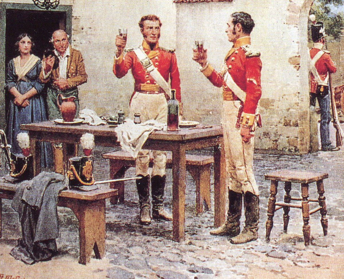 'The King': Officer's Mess of the 28th Regiment after the Battle of Albuera on 16th May 1811 in the Peninsular War: picture by Fortunio Matania