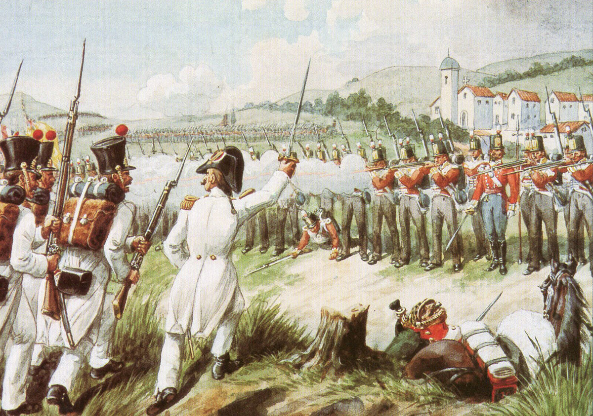 British 29th Foot standing firm against the French attack at the Battle of Vimeiro on 21st August 1808 in the Peninsular War: picture by Richard Simkin