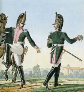 Captain and Lieutenant of French 16th Dragoons: Battle of Talavera on 28th July 1809 in the Peninsular War: picture by Horace Vernet
