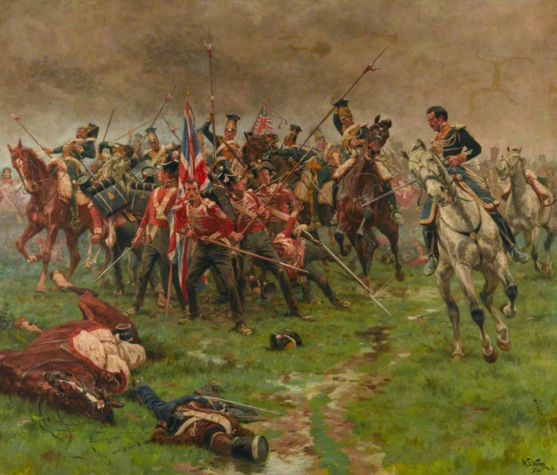 Polish Lancers attacking the Colour Party of the 3rd Buffs at the Battle of Albuera on 16th May 1811 in the Peninsular War: picture by William Barnes Wollen: buy the black and white version of this picture