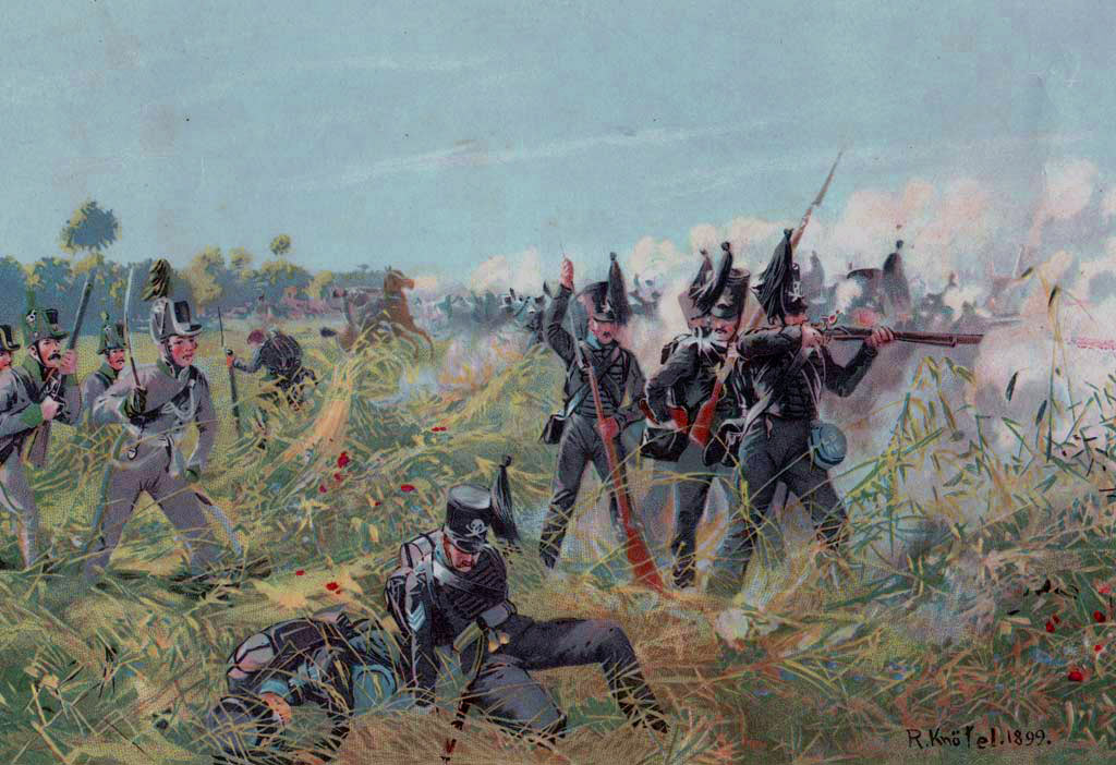 Brunswickers at the Battle of Quatre Bras on 16th June 1815 during the Napoleonic Wars: buy this picture