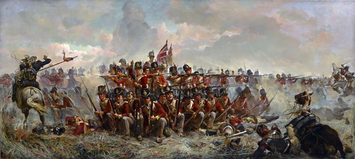British 28th Regiment receiving French cavalry in square at the Battle of Quatre Bras on 16th June 1815 during the Napoleonic Wars: picture by Lady Butler: buy this picture