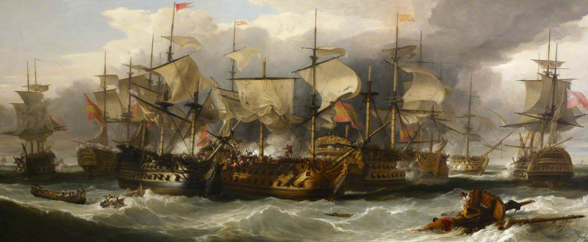 HMS Captain alongside San Nicholas and San Josef at the Battle of Cape St Vincent on 14th February 1797 in the Napoleonic Wars: picture by William Allan: buy this picture
