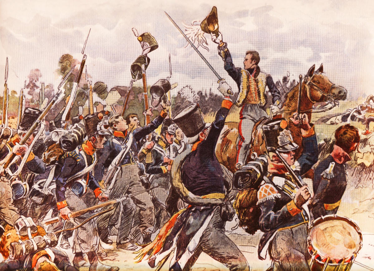 Prince of Orange rallying Dutch Militia at the Battle of Quatre Bras on 16th June 1815 during the Napoleonic Wars: buy a picture of the Prince of Orange at the Battle of Quatre Bras