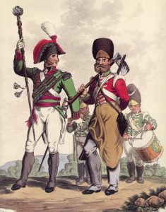 Drum Major, Pioneer and Drummers of a British Regiment of Infantry: Battle of Busaco on 27th September 1810 in the Peninsular: picture by Charles Hamilton Smith