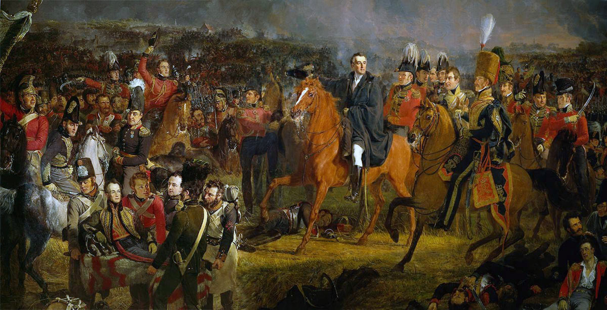 Duke of Wellington and his staff at the Battle of Waterloo on 18th June 1815 with the Prince of Orange wounded in the bottom left corner