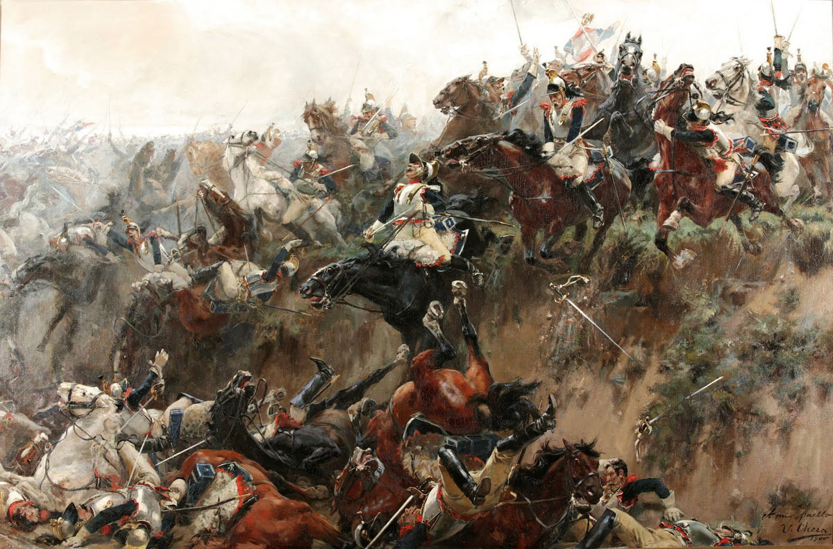 French cuirassiers tumbling into the sunken road on the ridge during Ney's Great Cavalry Attack: Battle of Waterloo on 18th June 1815