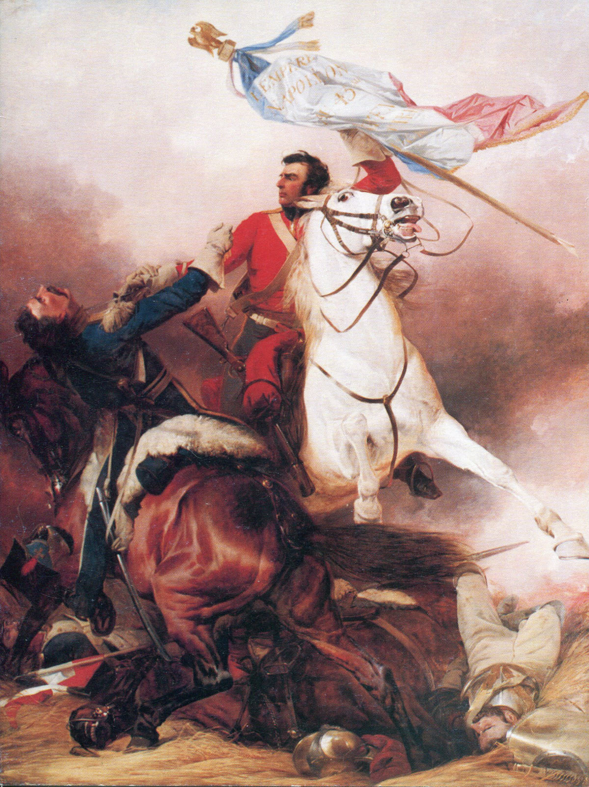 Sergeant Ewart of the Royal Scots Greys defending the captured Standard and Eagle of the French 45th of the Line at the Battle of Waterloo on 18th June 1815: picture by Richard Ansdell: buy a black and white version of this picture