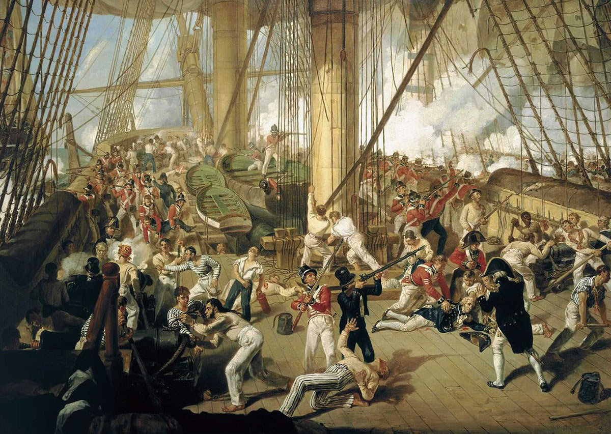 'Fall of Nelson' at the Battle of Trafalgar on 21st October 1805 during the Napoleonic Wars: picture by Denis Dighton: buy a picture of the 'Fall of Nelson' by Benjamin West